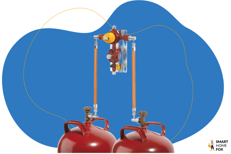 An einem Adapter sind 2 Gasflaschen gleichzeitig angeschlossen und der Druckminderer und der Regler befinden sich in der Mitte beider Anschlüsse.